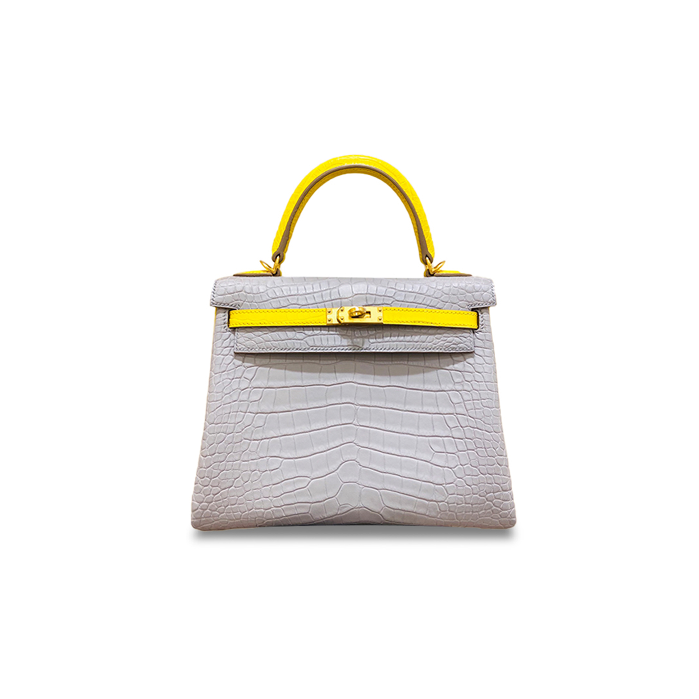 HERMÈS MASTER KELLY 25 CROCODILE PEARL GREY AND MARIGOLD YELLOW GOLD BUCKLE (25*17*7cm) 
